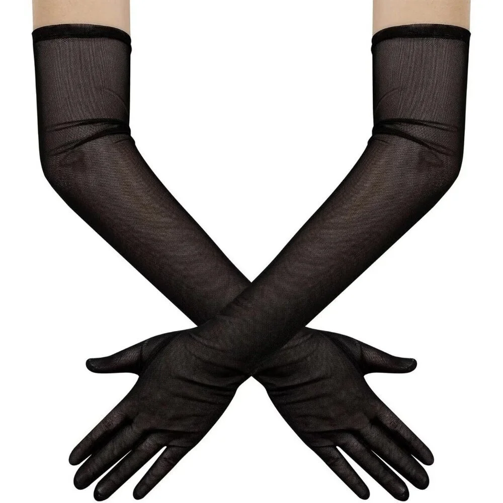 Women's Tulle Mesh Black Long Stretchy Gloves Halloween Party Wedding Costume